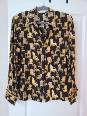 Starington 100% Silk Novelty Ornate Chair Print Button Down Blouse